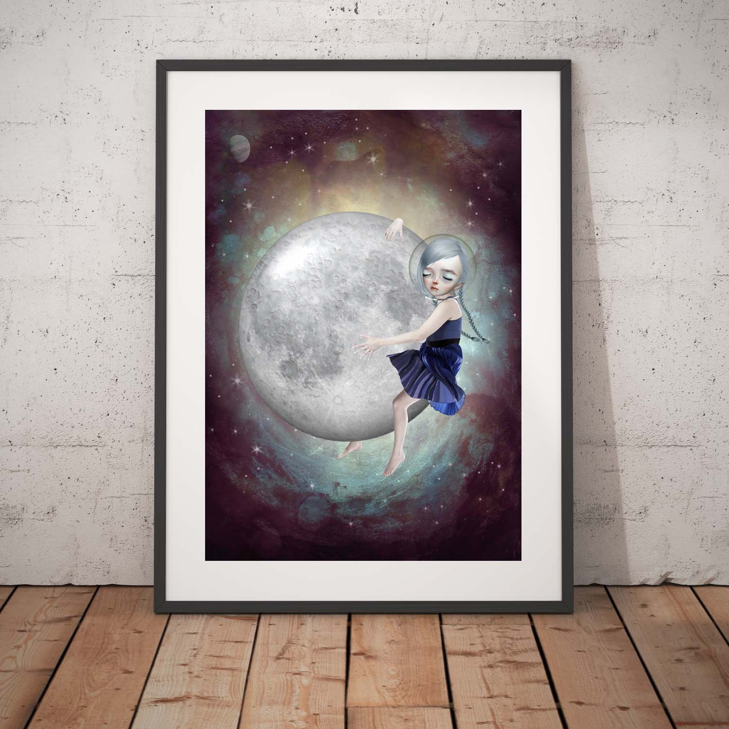 outer space art print, image is a girl hugging the moon.