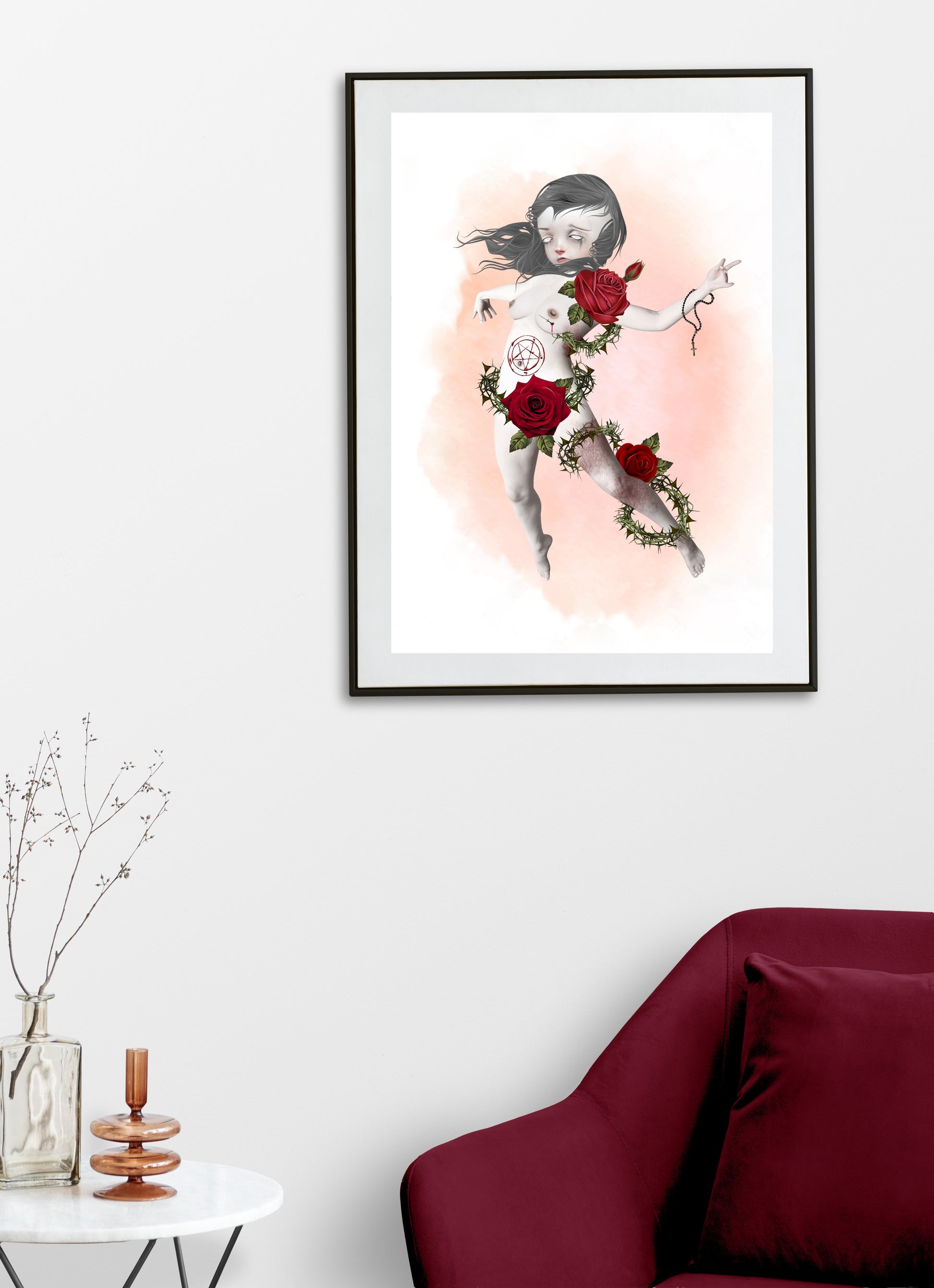 Posessed girl having an exorcism art print hanging on the wall of a modern living room. Perfect for adding a  macabre touch to your home decor.