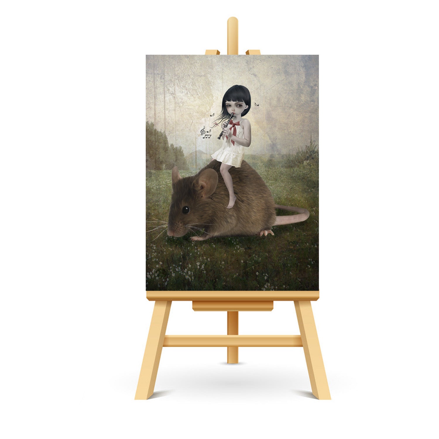 Pied Piper ACEO art displayed on a stand. Fairy tale miniature art print showcasing whimsical style.
