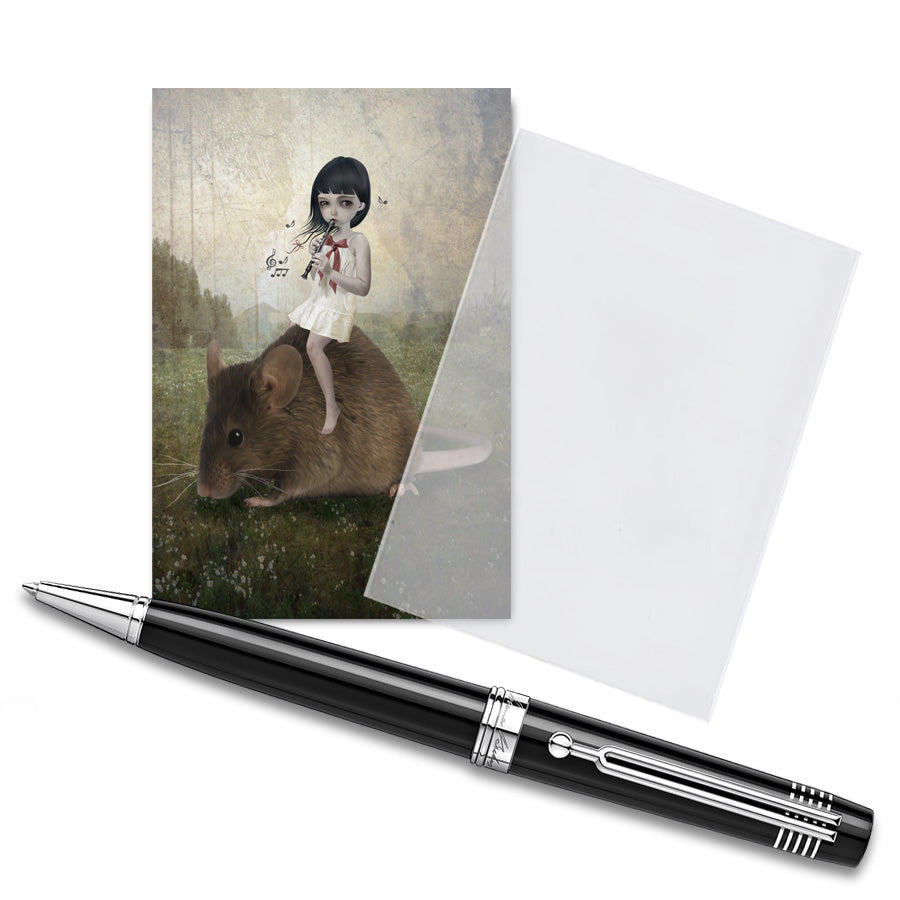 The ACEO card features pied piper, displayed in a clear protective sleeve with a pen for size comparison. It showcases fairy tale artwork.