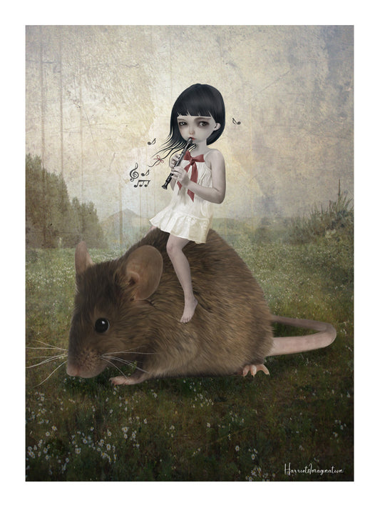A fairy tale art print featuring the pied piper, displayed without a frame.