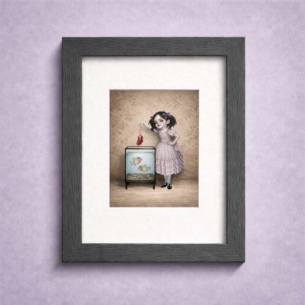 Piranha Girl ACEO Card In a small miniature frame for display
