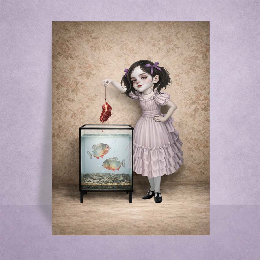 Piranha Girl ACEO Card displayed on a lilac background.