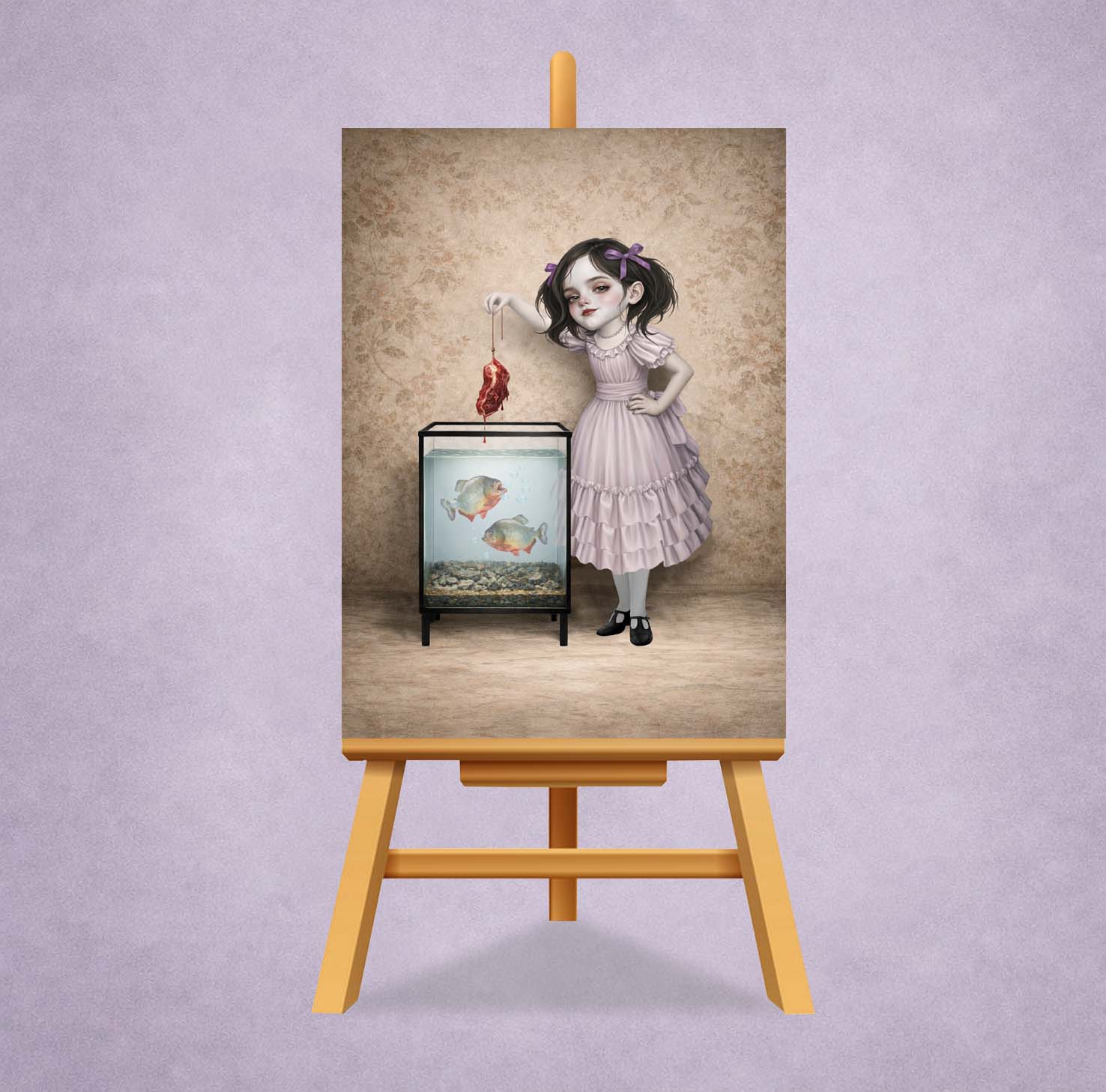 Piranha girl ACEO Card on a miniature easel display stand.