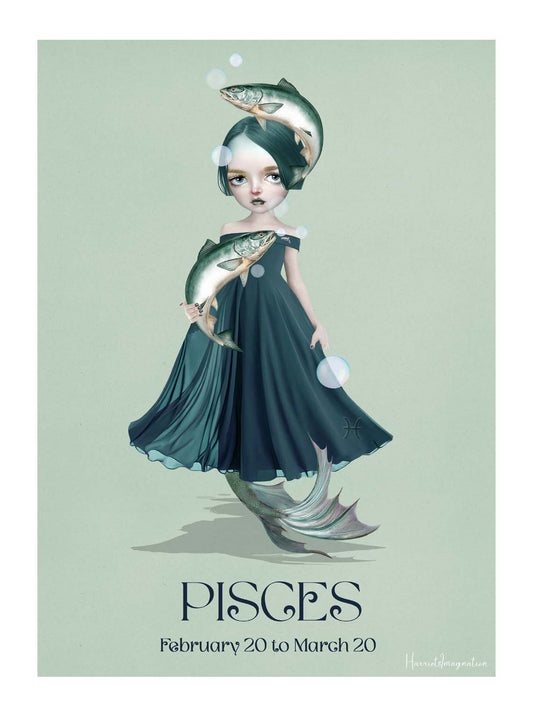 Star sign art print featuring a female character representing Pisces, displayed without a frame.