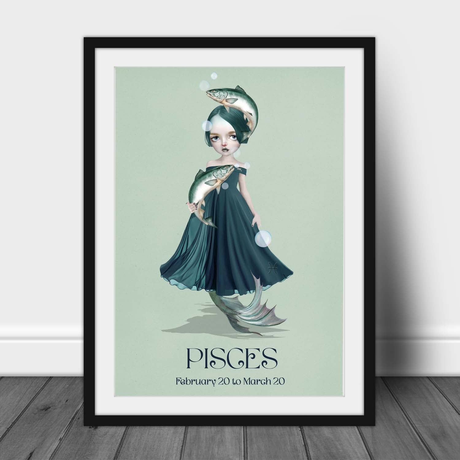 Art print of a female character representing Pisces, leaning against a wall, creating a surreal atmosphere with horoscope elements.