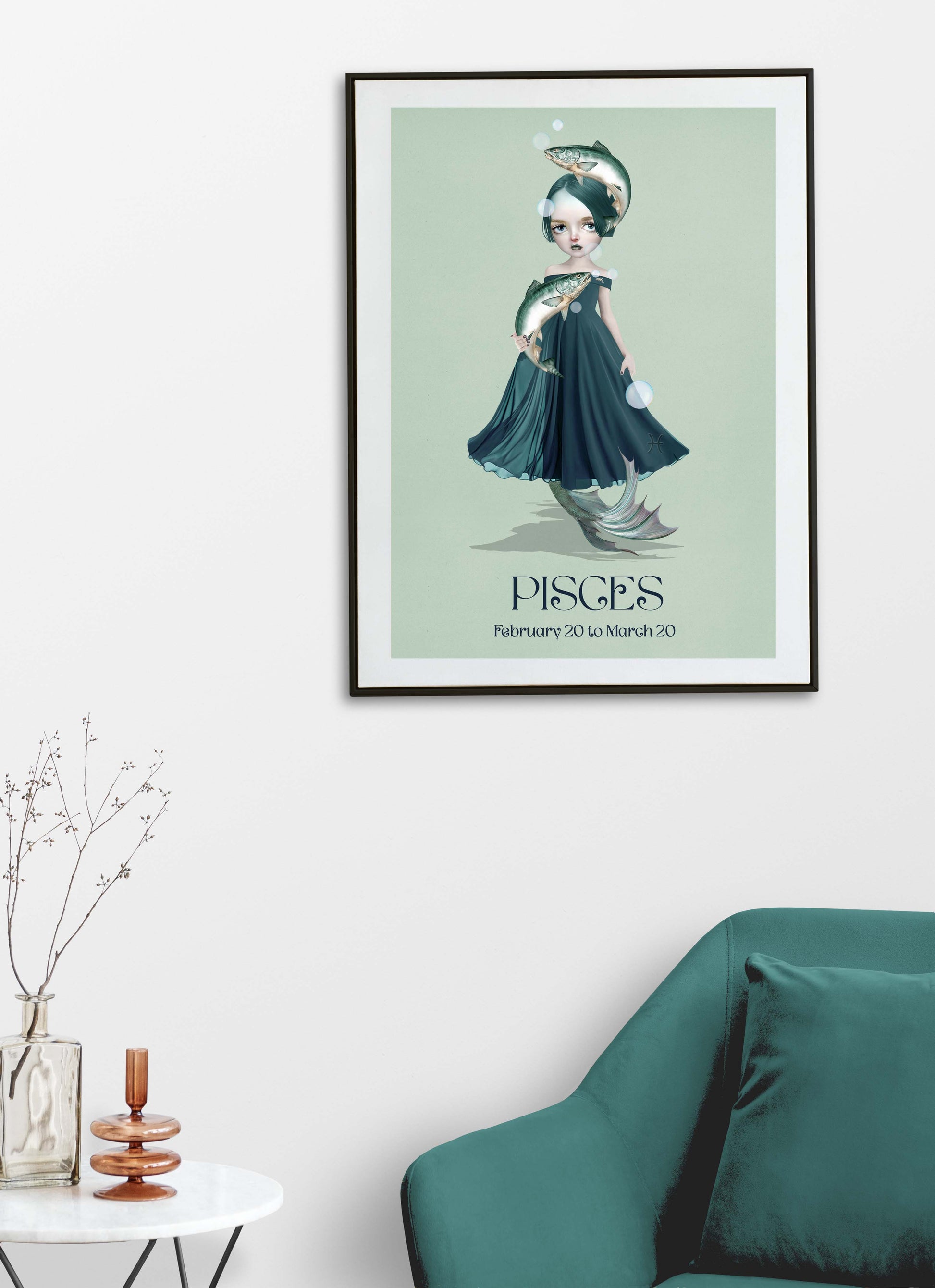 Pisces girl star sign art print hanging on the wall of a modern living room. Perfect for adding a astrological touch to your home decor.