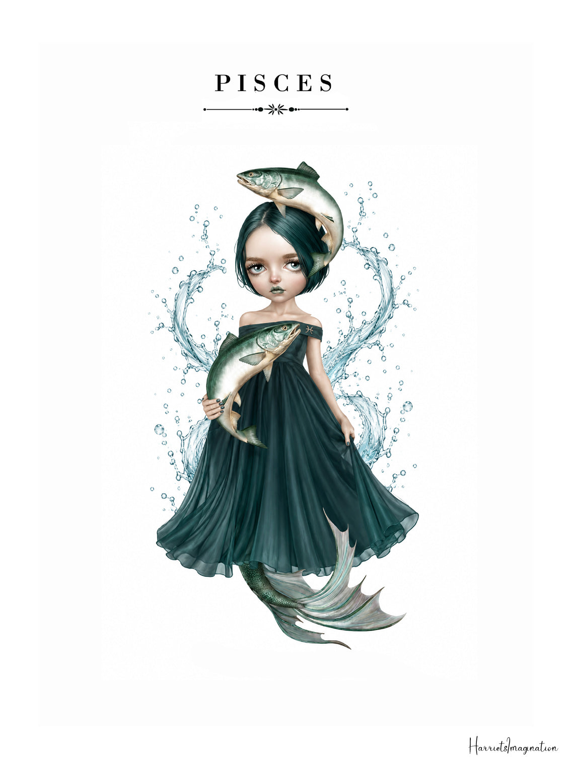  illustration of a dark-haired Pisces maiden holding one fish with another resting on her head, wearing an off-the-shoulder dark teal gown with a mermaid tail peaking from the hem amid splashing water bubbles.
