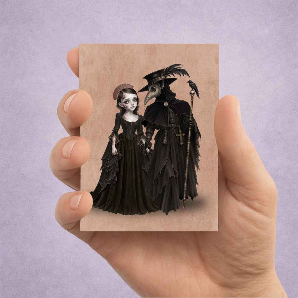 ACEO art trading card featuring a gothic plague doctor holding hands with a dark maiden beside a crow perched on a skull staff.