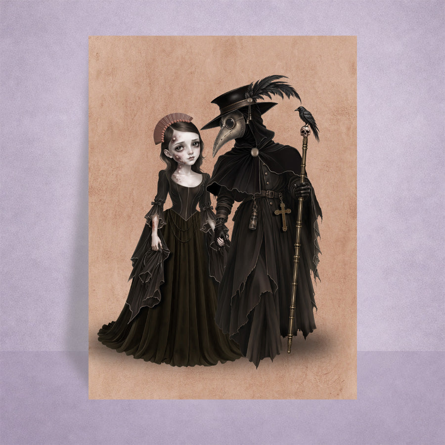 ACEO art trading card on lilac background featuring a gothic plague doctor holding hands with a dark maiden beside a crow perched on a skull staff.