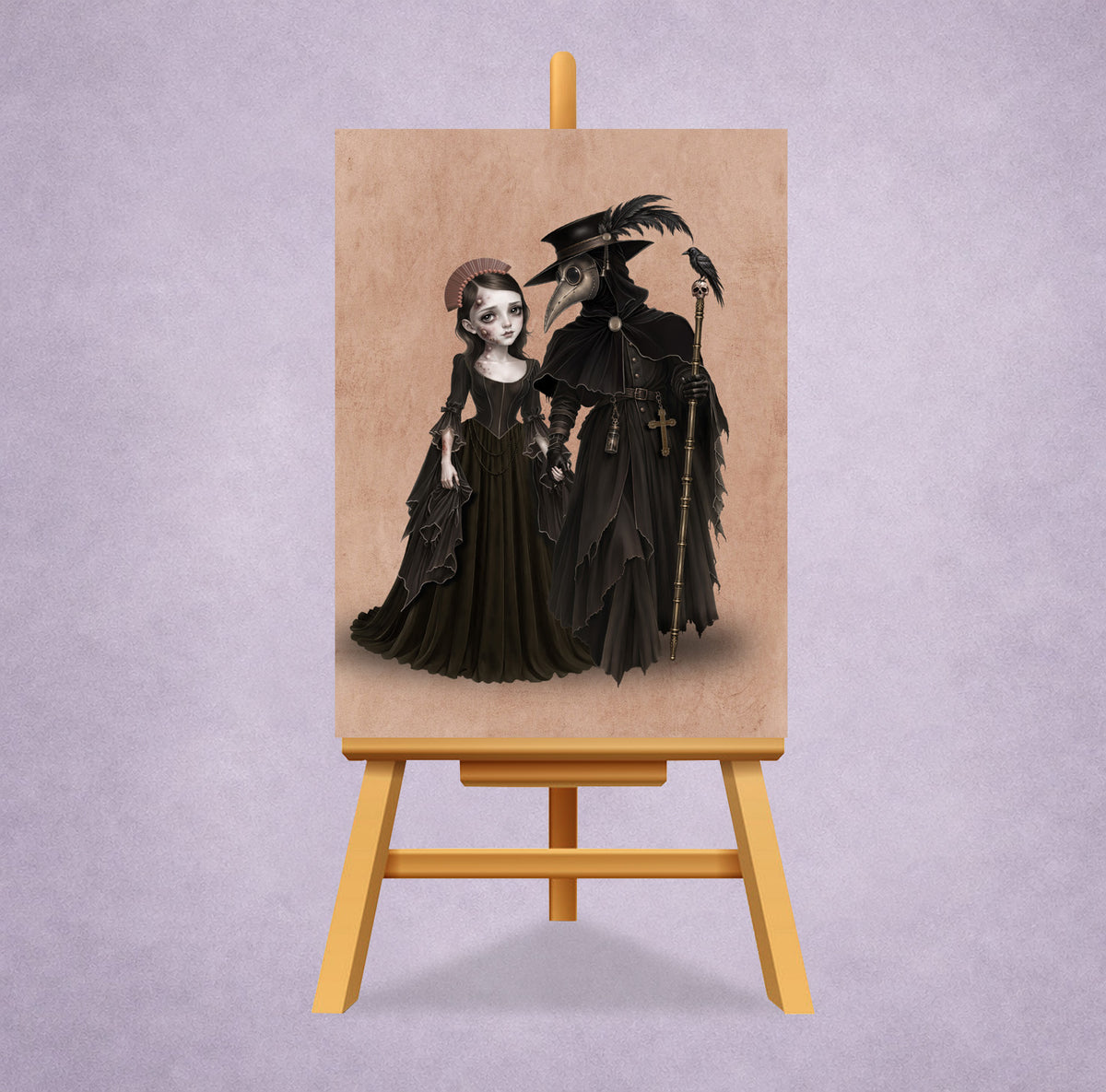ACEO art trading card displayed on a miniature display stand featuring a gothic plague doctor holding hands with a dark maiden beside a crow perched on a skull staff.