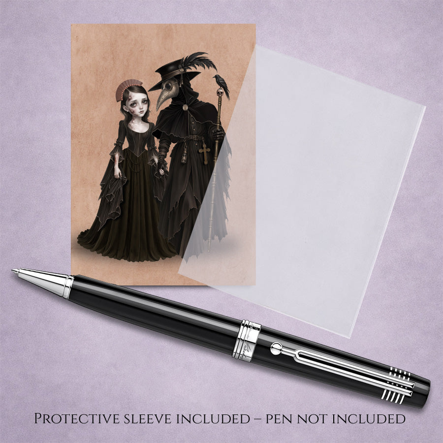 ACEO mini art trading card with protective sleeve featuring a gothic plague doctor holding hands with a dark maiden beside a crow perched on a skull staff.