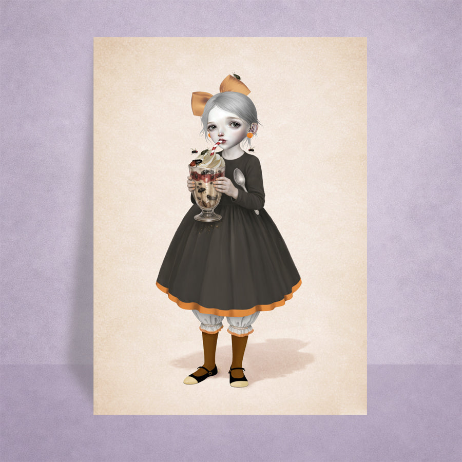 Creepy cute pop surreal ACEO art card featuring a girl with a beetle sundae. Displayed on a lilac background.