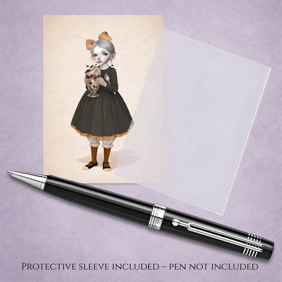 creepy cute pop surreal ACEO art card featuring a girl with a beetle sundae. Aceo is displayed with pen and protective sleeve.