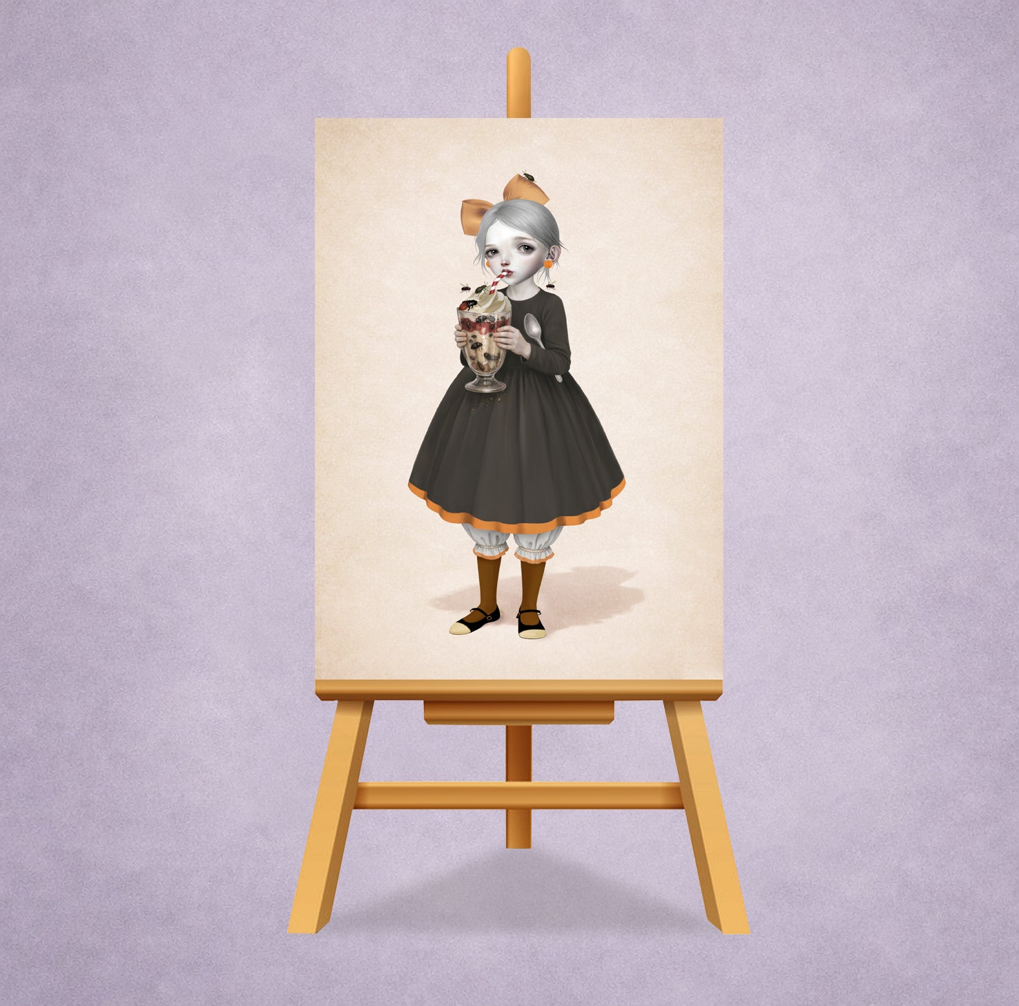 ACEO art card featuring a girl with a beetle sundae. on a canvas with an easel against a light purple background