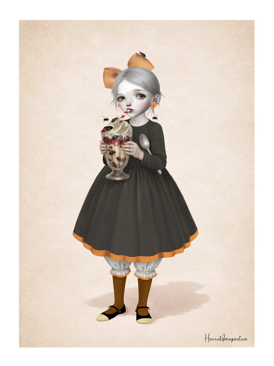 Creepy cute pop surreal art print featuring a girl with a beetle sundae.