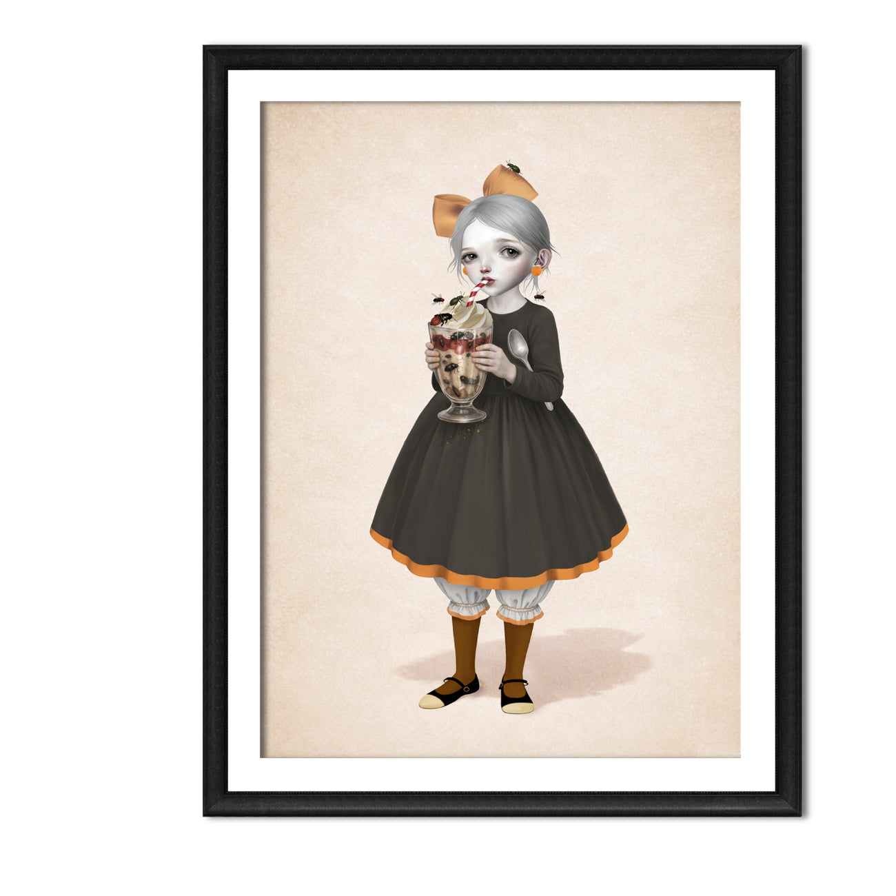 Framed artwork of a girl enjoying a creepy crawlies sundae.