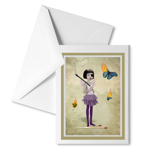 Pop Surrealism greeting card featuring a fire fairy and butterfly, paired with a matching envelope.