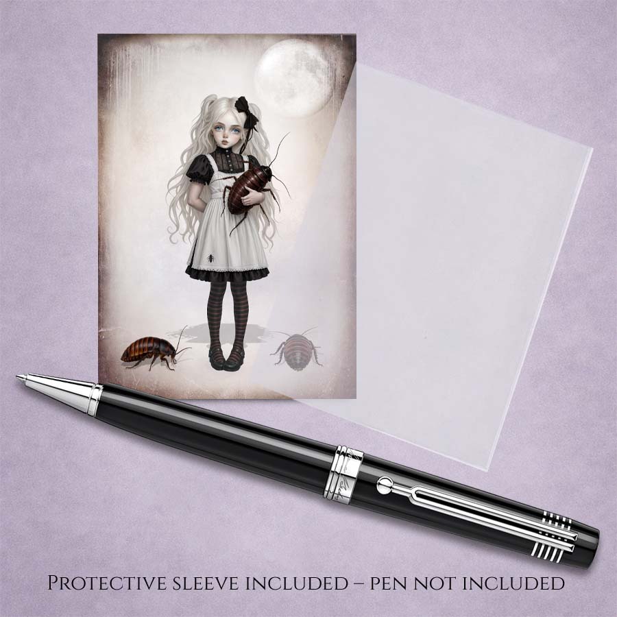 ACEO fine art card with sleeve featuring a gothic girl with pigtails holding a giant cockroach under a full moon.