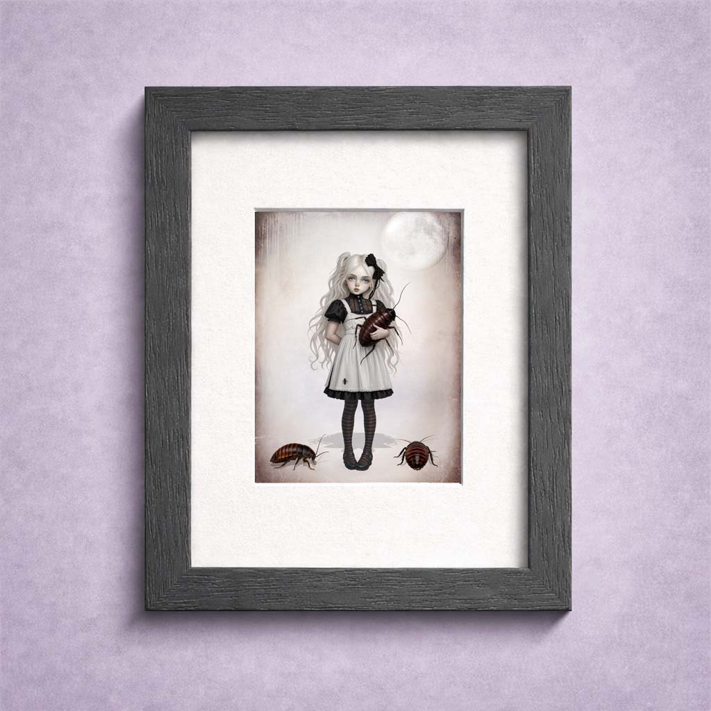 ACEO fine art card in a frame featuring a gothic girl with pigtails holding a giant cockroach under a full moon.