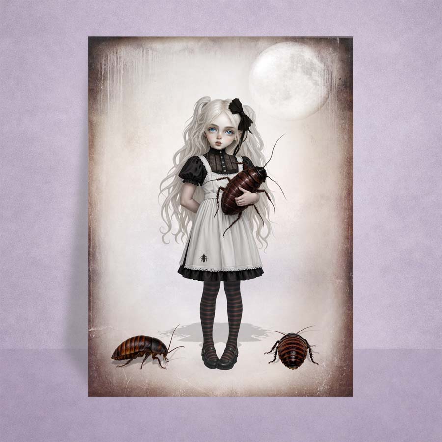 ACEO fine art card on a lilac background featuring a gothic girl with pigtails holding a giant cockroach under a full moon.