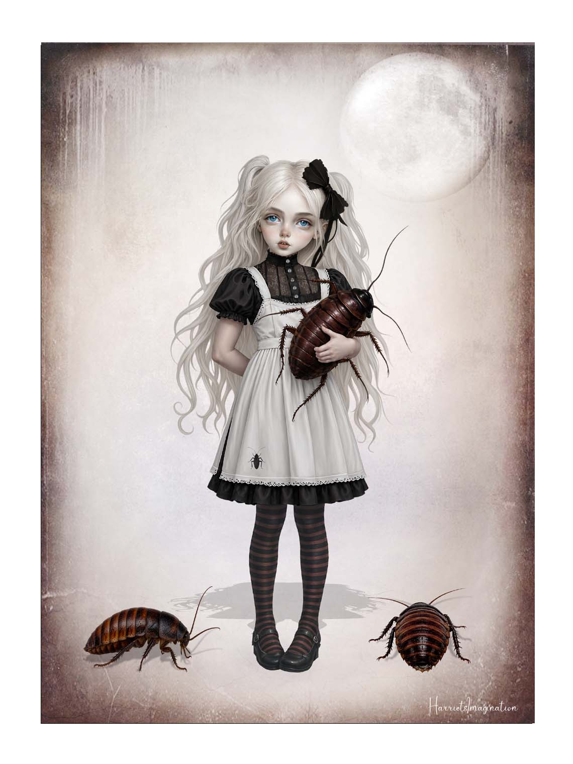 Fine art print of a whimsical gothic girl with pigtails holding a giant cockroach against a pale moon backdrop