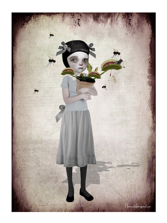 Pop Surrealism Art Print features a tearful girl holding her Venus Flytrap as it chomps on flies.