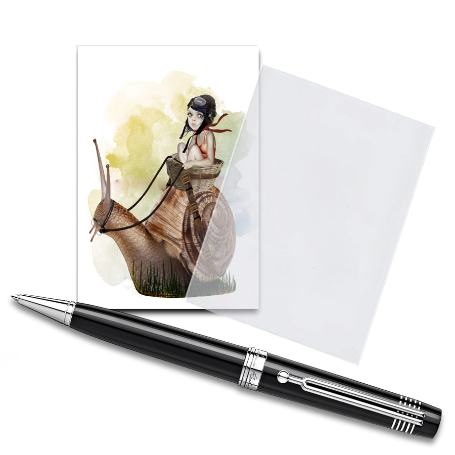 ACEO artist trading card, image is  a girl riding on the back of an oversized garden snail. 