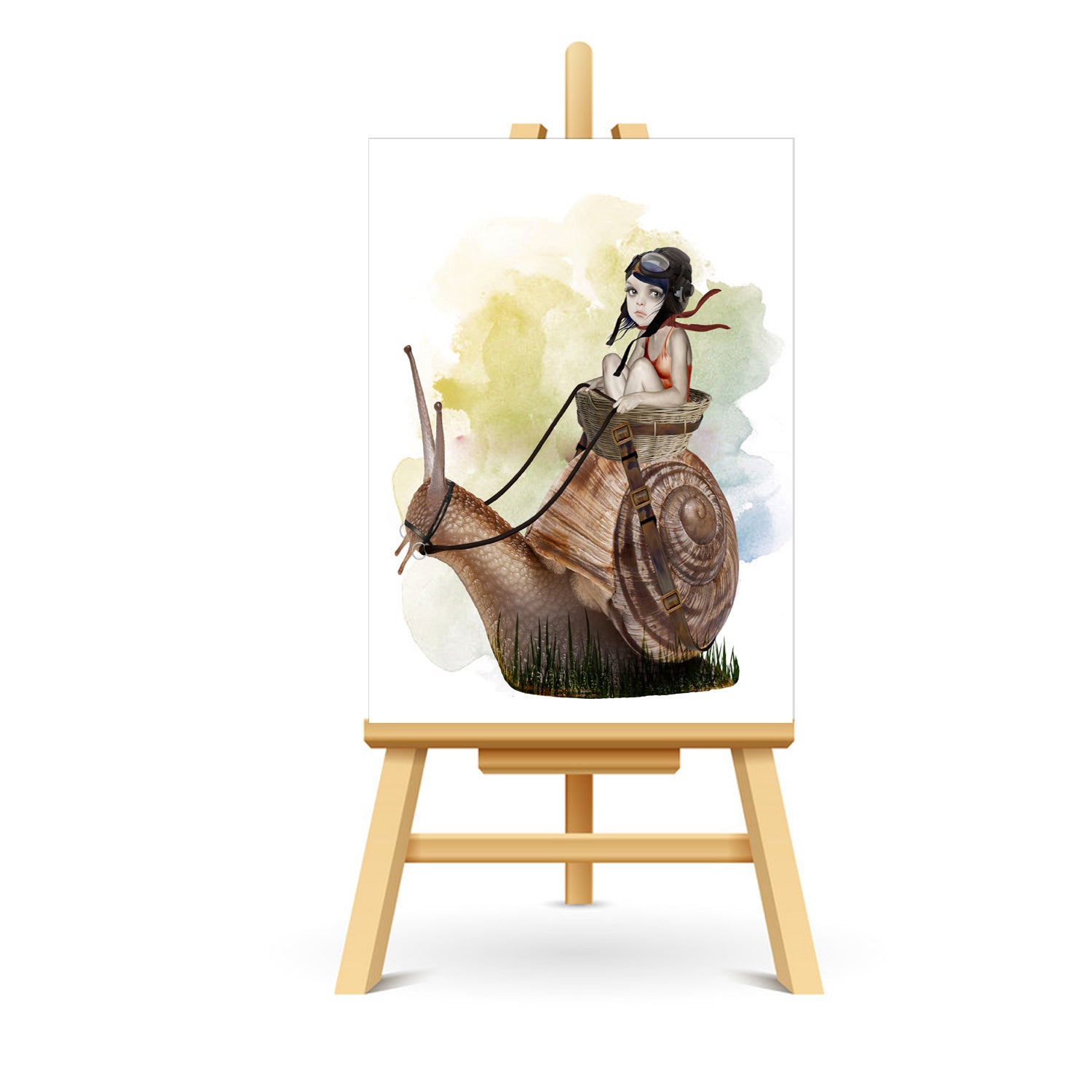 Pop surrealism artwork, showcasing a girl riding on the back of an oversized garden snail. 