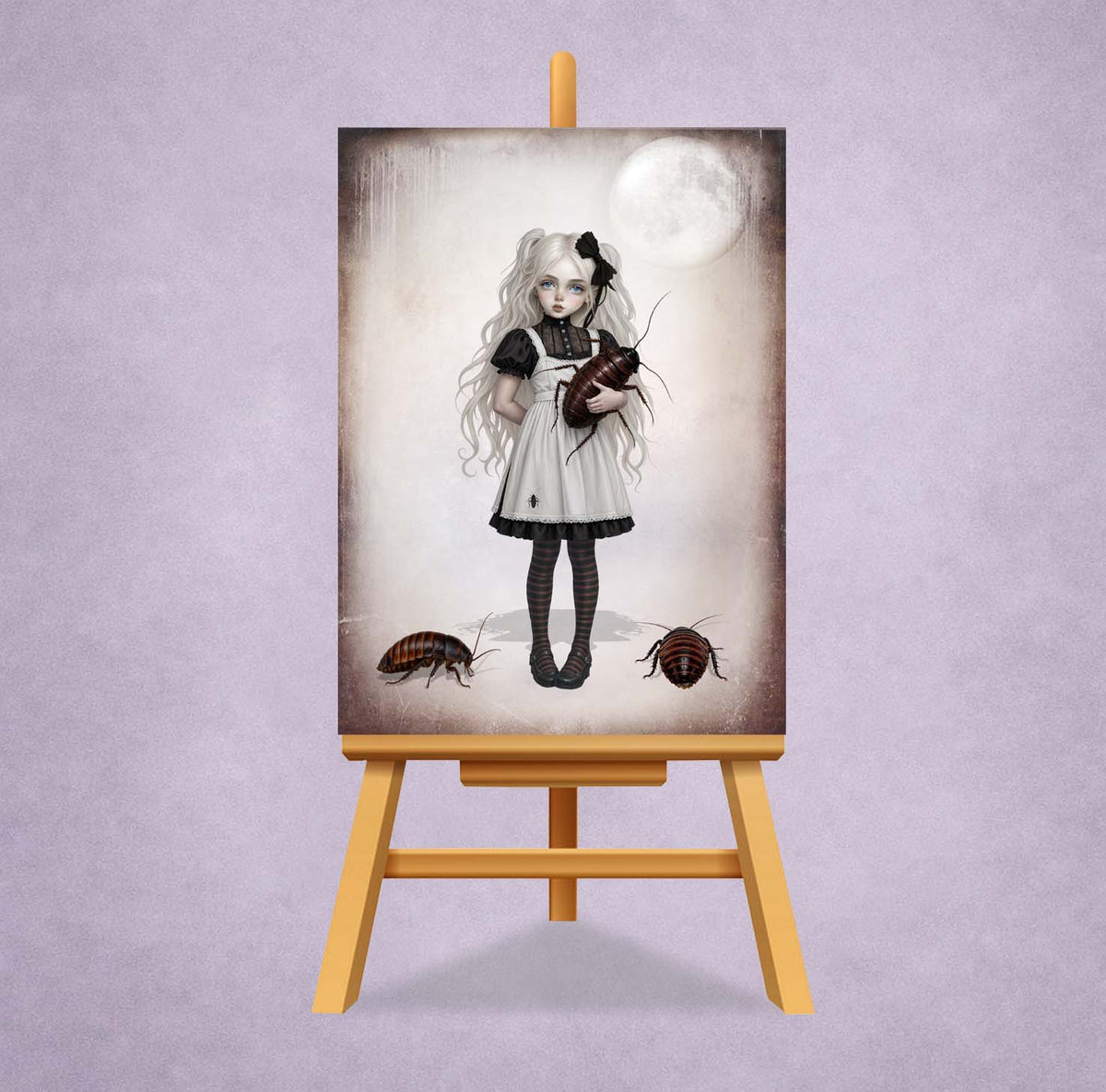 ACEO fine art card on a small display stand featuring a gothic girl with pigtails holding a giant cockroach under a full moon.