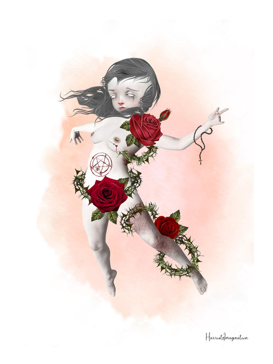 A macabre art print featuring a posessed girl having exorcism, displayed without a frame.