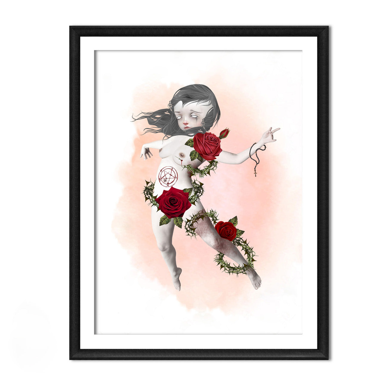 Posessed girl enduring an exorcism art print in a sleek frame, set against a white background.