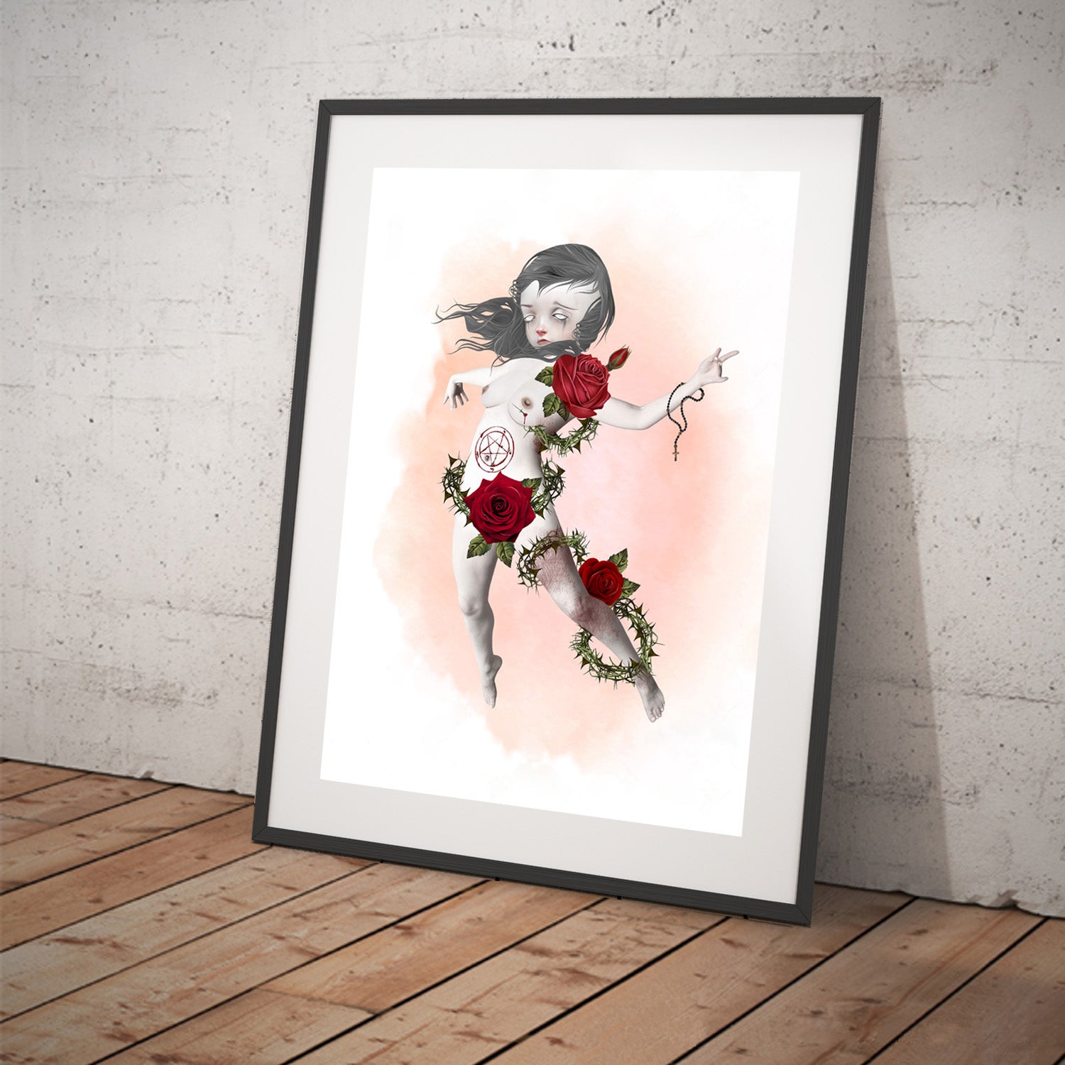 Art print featuring a posessed girl enduring an exorcism. Displayed in a tilted frame for a stylish presentation. Perfect for macabre or gothic-themed decor.