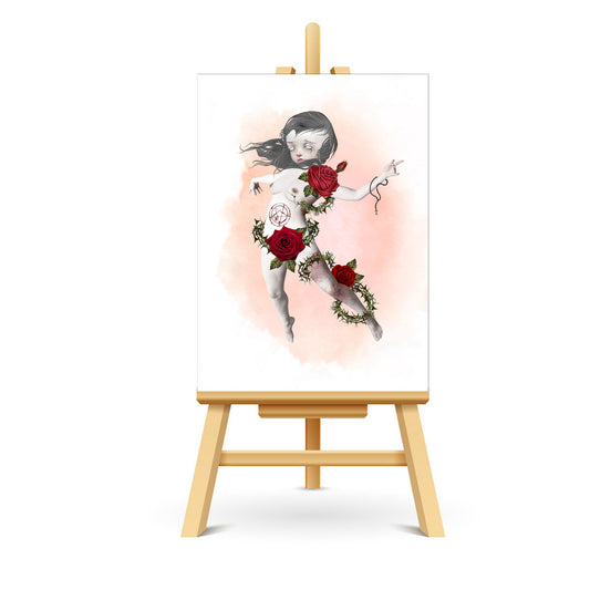 Possessed girl ACEO art displayed on a stand. Creepy cute miniature art print showcasing macabre style.
