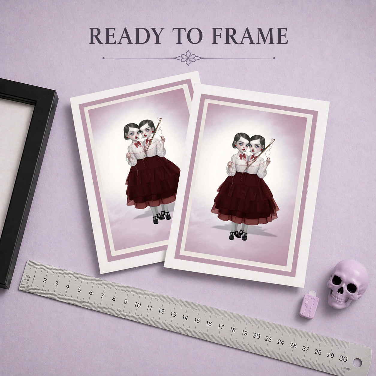 Ready to frame creepy cute greeting card featuring a dark surrealism illustration of conjoined twins sewing.