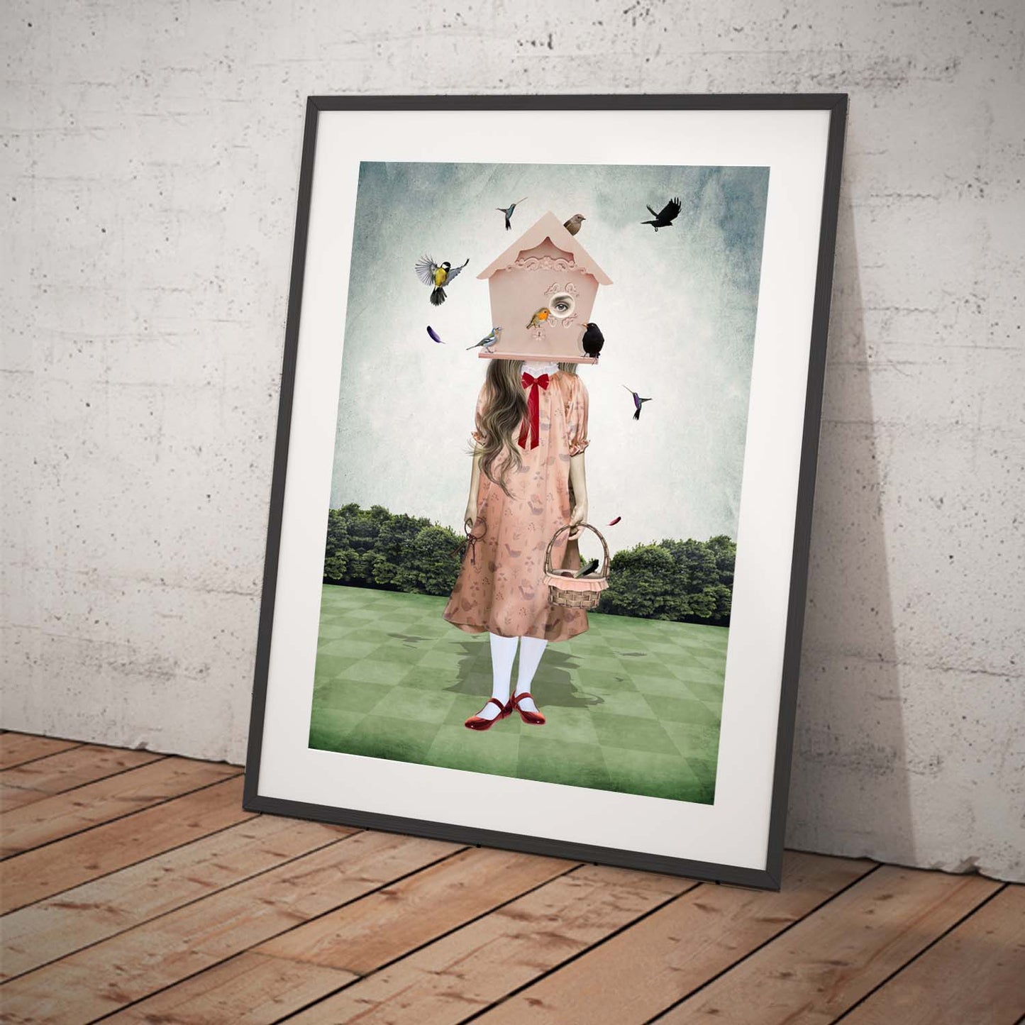 Art print featuring a girl and garden birds. Displayed in a tilted frame for a stylish presentation. Perfect for quirky decor.