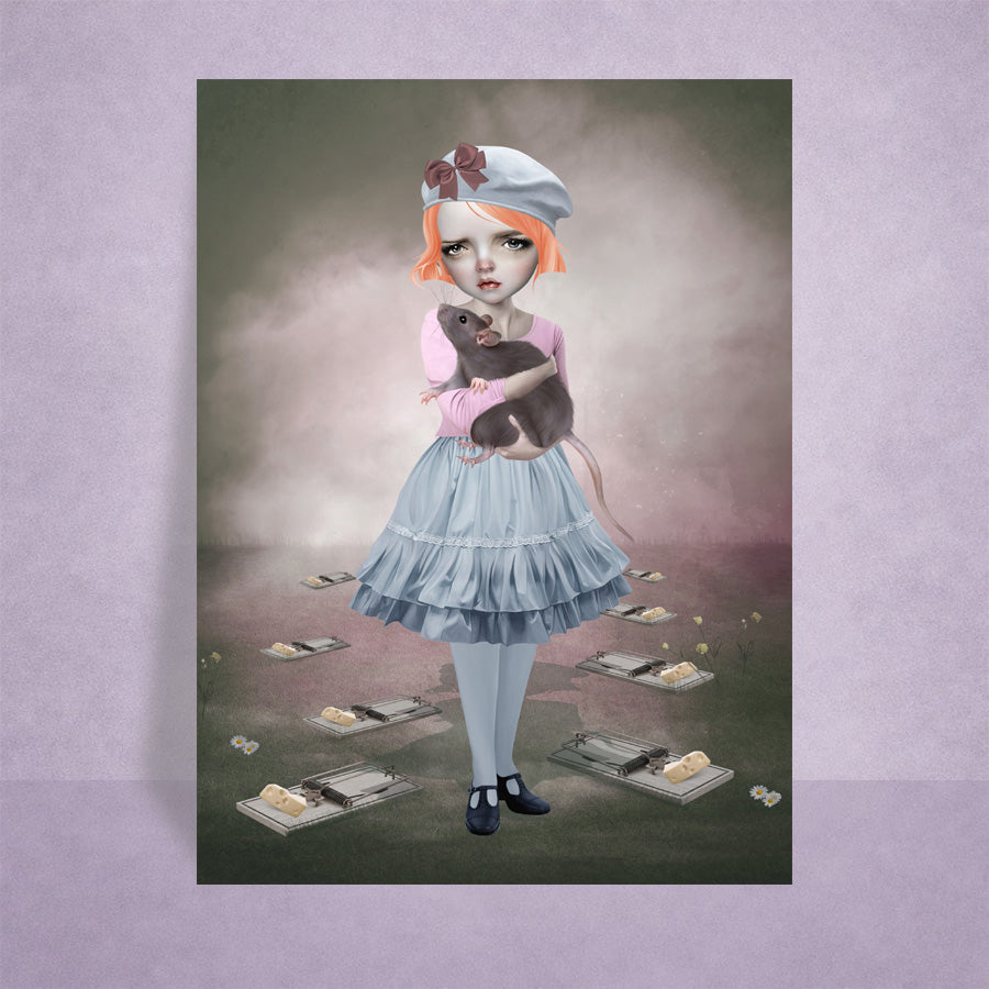ACEO art card of a girl holding an oversized rat surrounded by traps on a textured background