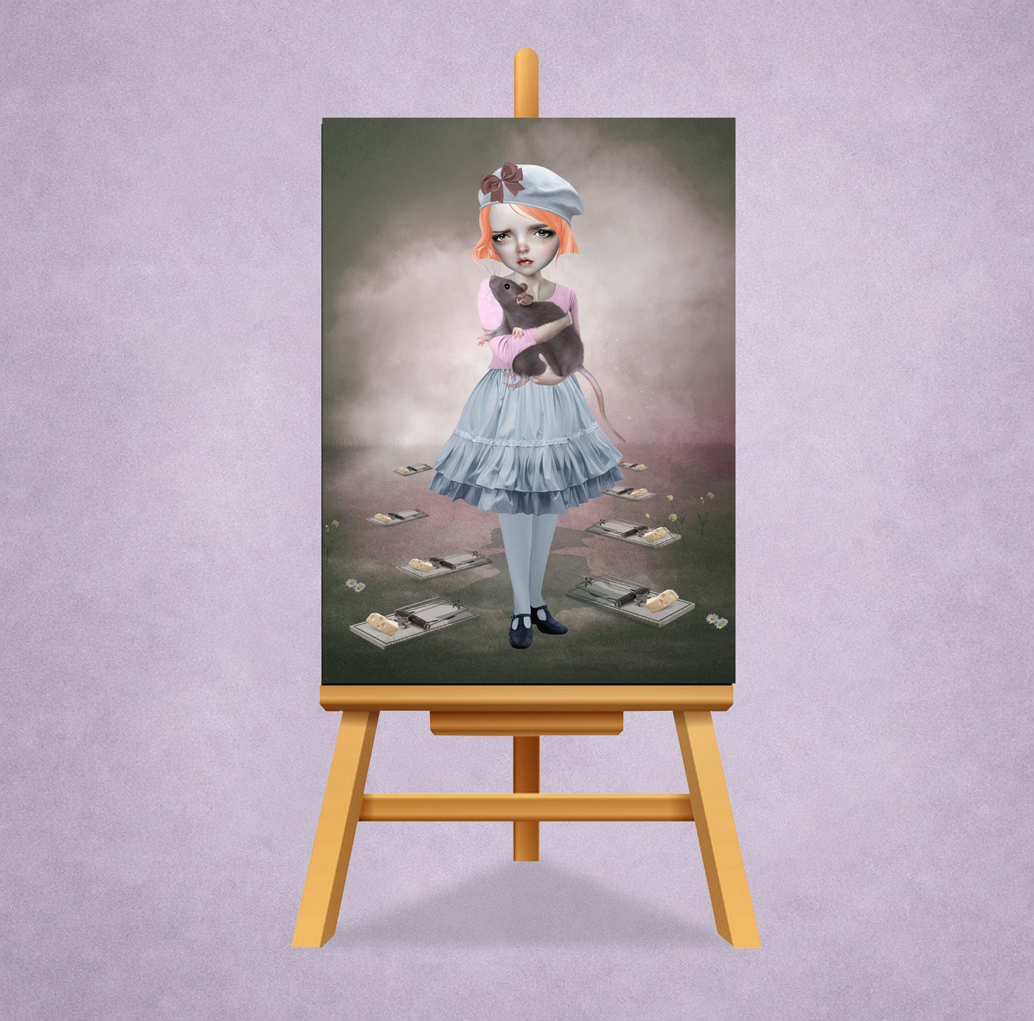 ACEO art card displayed on a miniature stand of a girl holding an oversized rat to keep him safe.