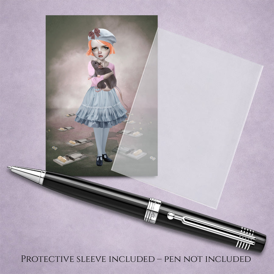 ACEO art card with illustration of a girl holding an oversized rat, displayed with pen, and protective sleeve on a light purple background