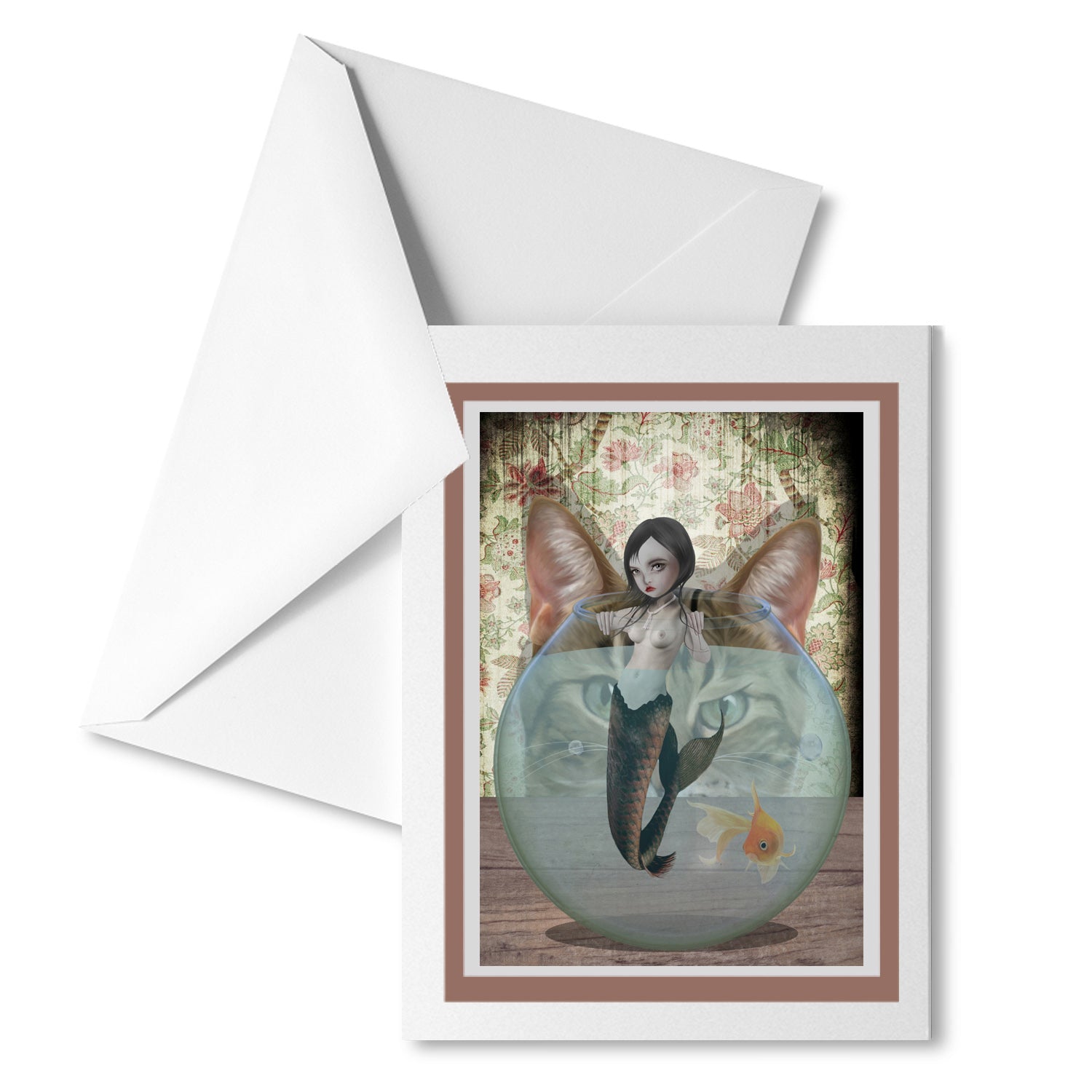 Quirky Mermaid and Cat Art Greeting Card. Featuring a tiny mermaid blissfully swimming in a goldfish bowl, while a sneaky cat watches from afar.