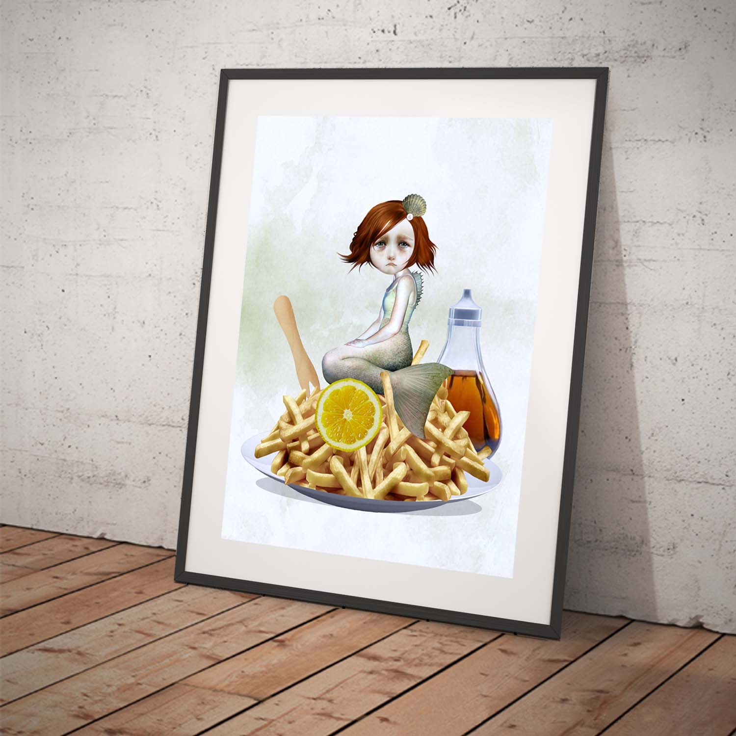 Quirky Art print featuring a sad mermaid on a diners plate. Displayed in a tilted frame for a stylish presentation. Perfect for quirky surreal themed decor.