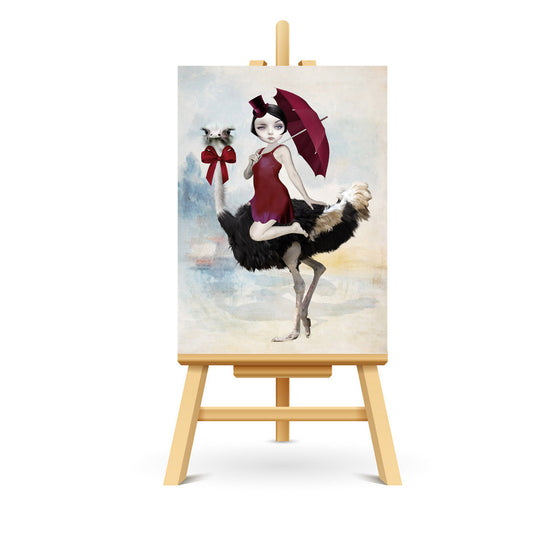 ACEO artist trading card features a whimsical scene of a lady riding on the back of an ostrich.