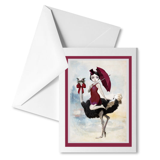 Quirky Ostrich Greeting Card, featuring a quirky lady riding atop a majestic ostrich.