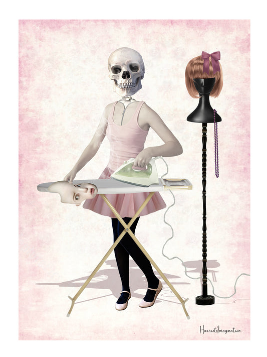 A quirky art print featuring a skeleton girl, displayed without a frame.