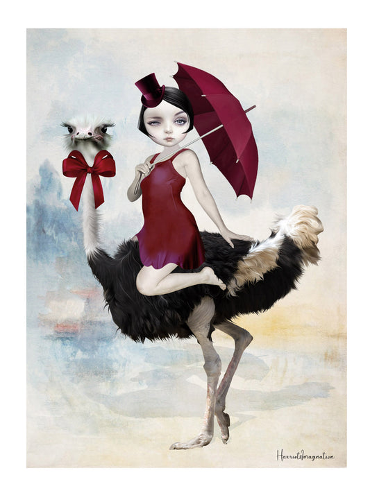 Quirky Bird Art Print is a whimsical addition to your wall decor. Featuring an elegant lady riding on the back of an ostrich.