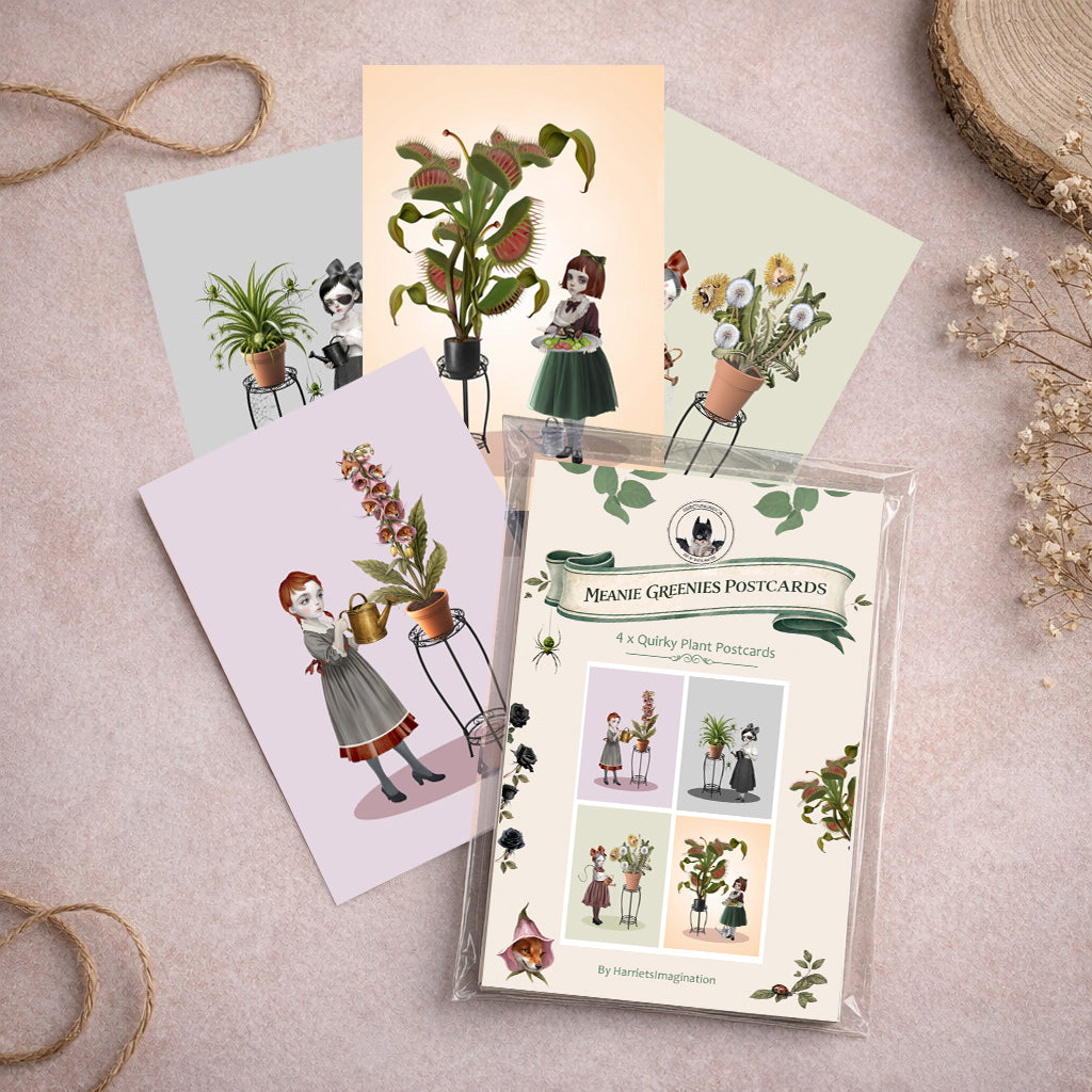 Set of 4 x quirky botanical postcards, 