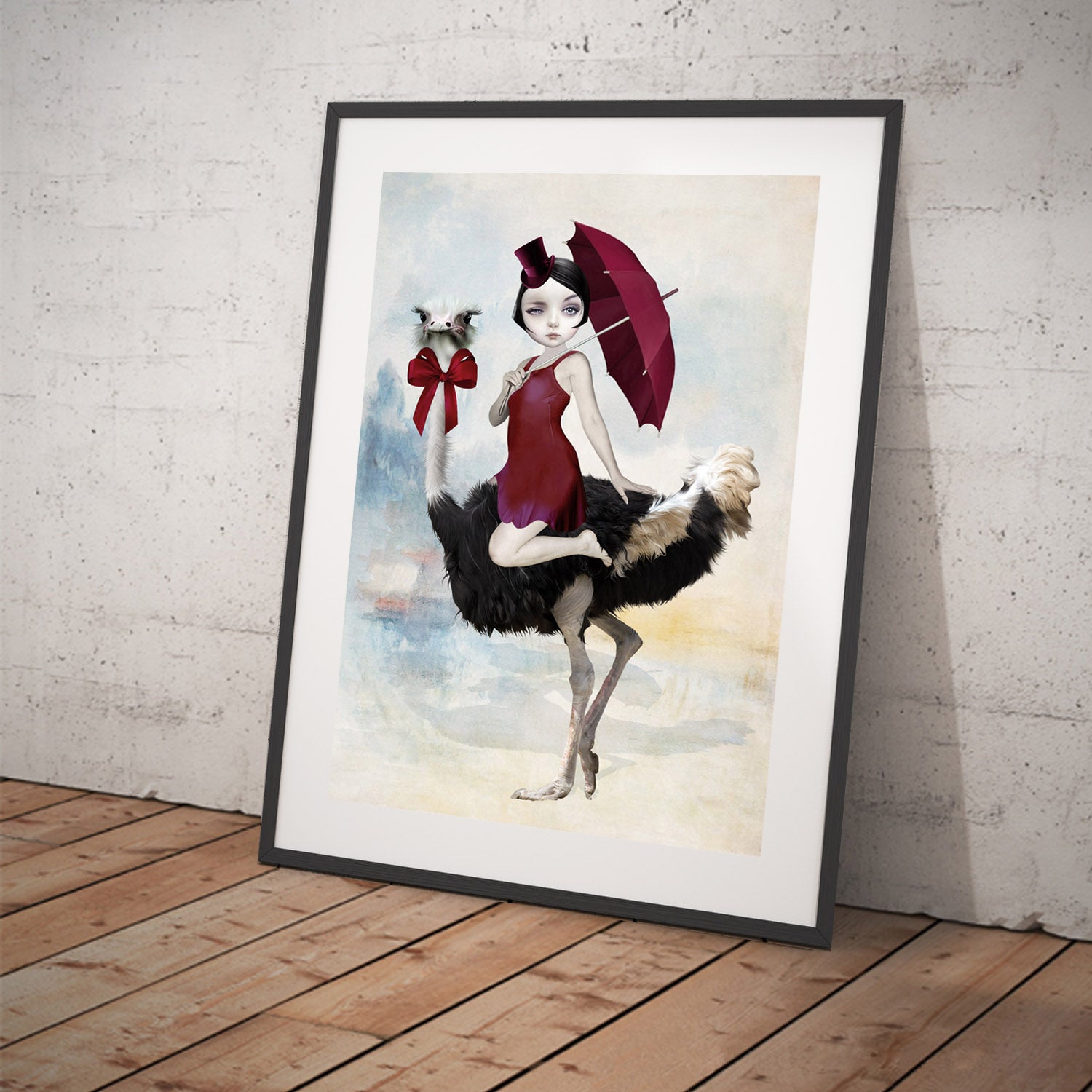 Quirky Surreal Bird Art Print is a whimsical addition to your wall decor. Featuring an elegant lady riding on the back of an ostrich.