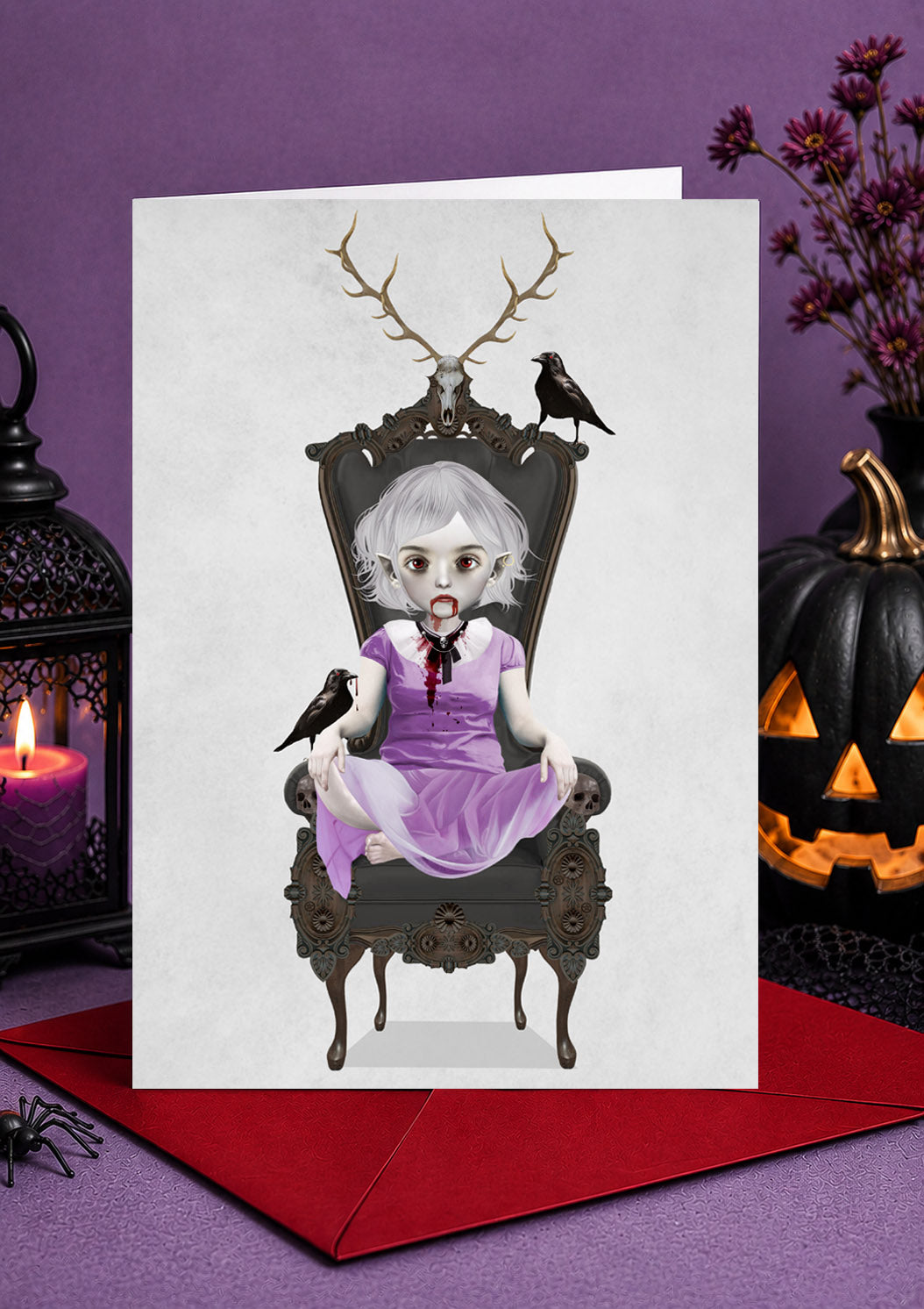 Set of 4 Glossy 5x7 Vampire Girl Cards with Red Envelopes