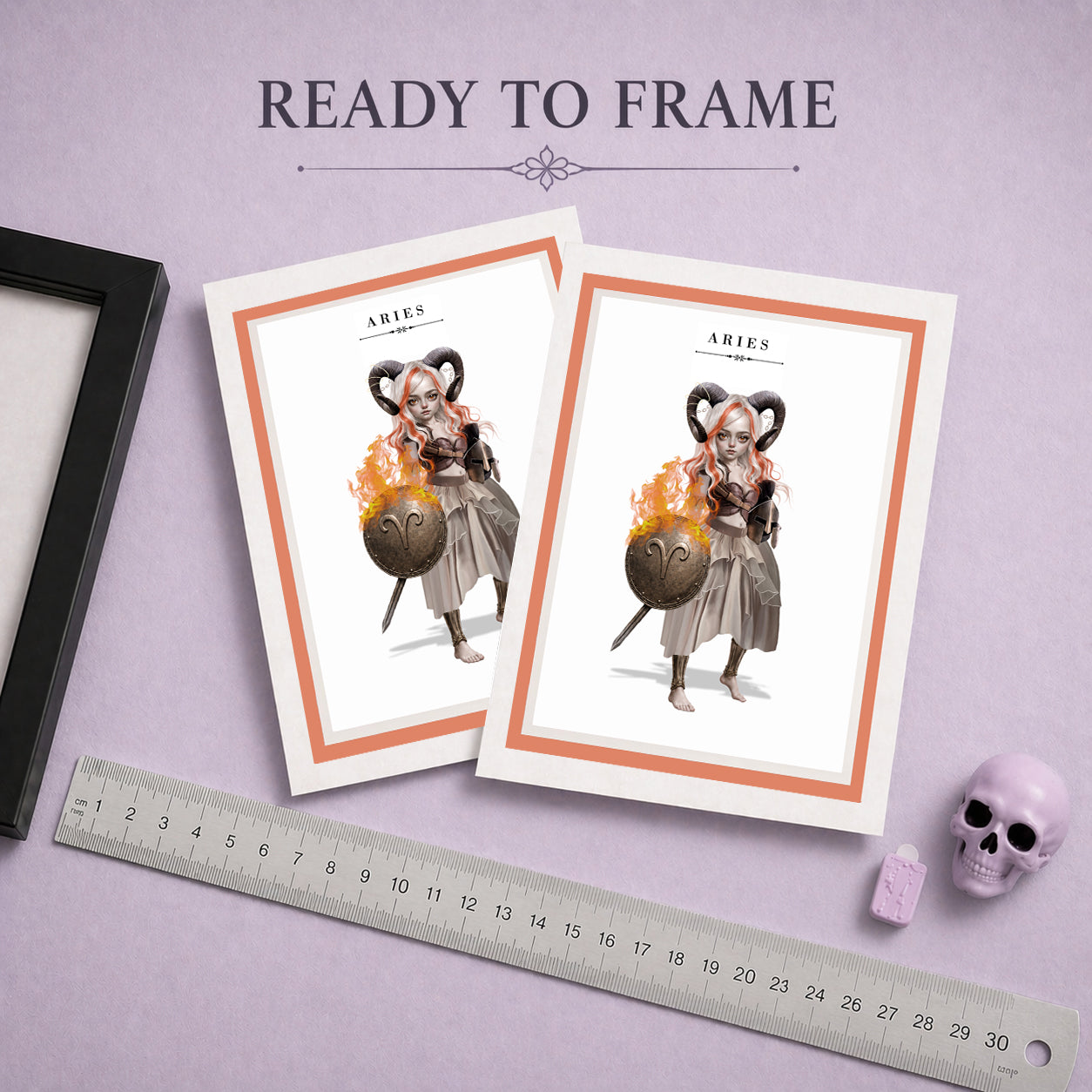 Ready To Frame Aries zodiac birthday card featuring an illustration of a white and orange-haired warrior maiden with ram horns holding a flaming bronze shield.