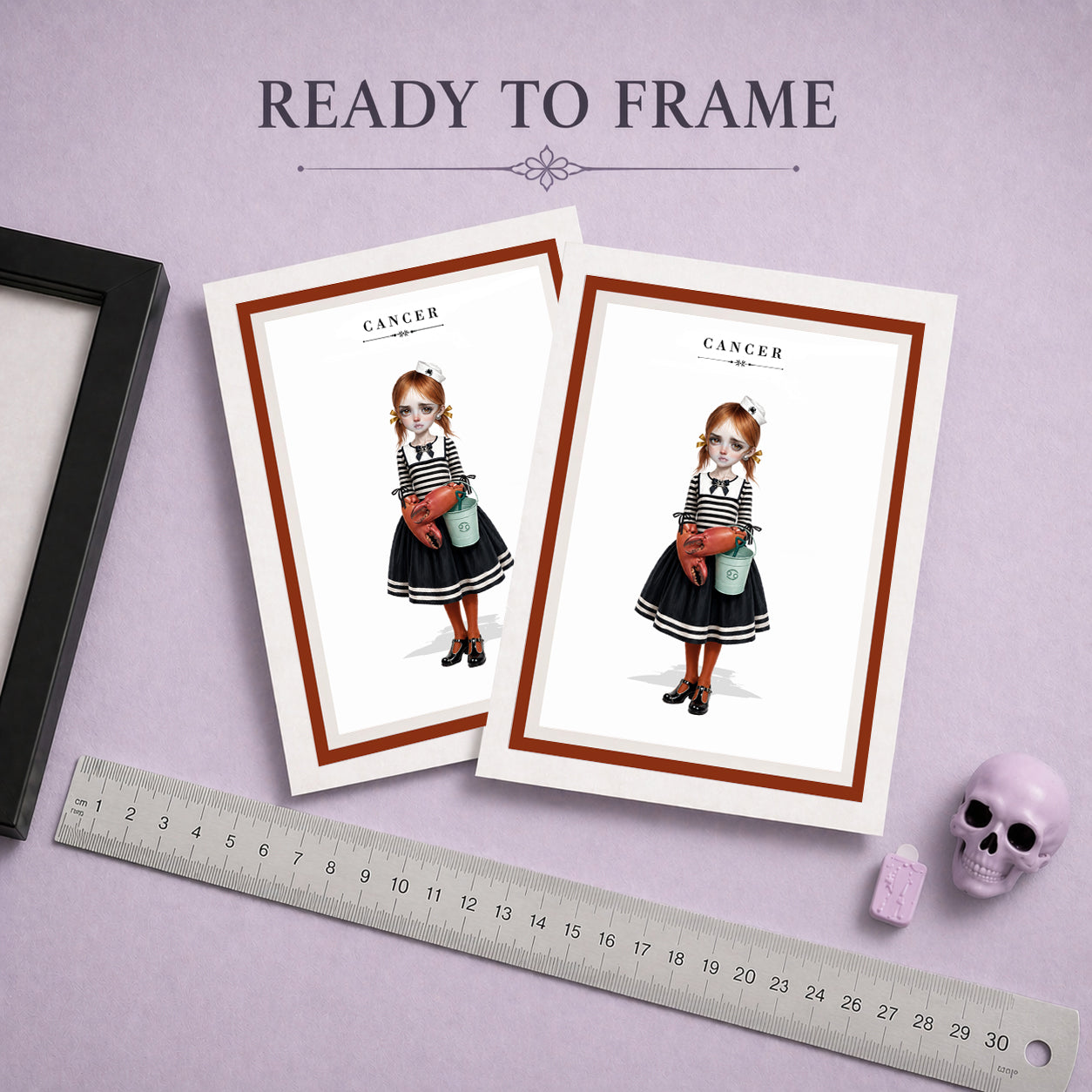 Ready To Frame Cancer zodiac birthday card  featuring an illustration of a red-haired maiden in a nautical sailor dress with crab claw hands and a beach bucket.